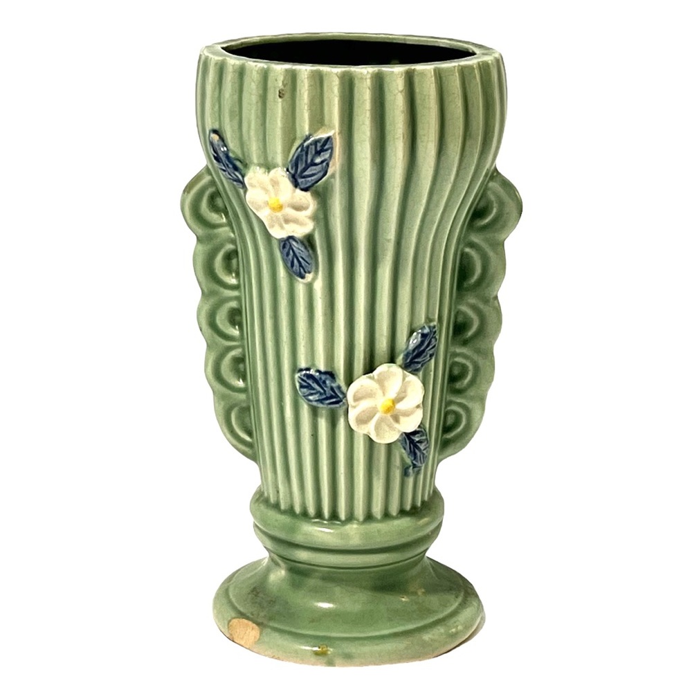 Vintage Green Floral Vase with small white flowers made in Japan